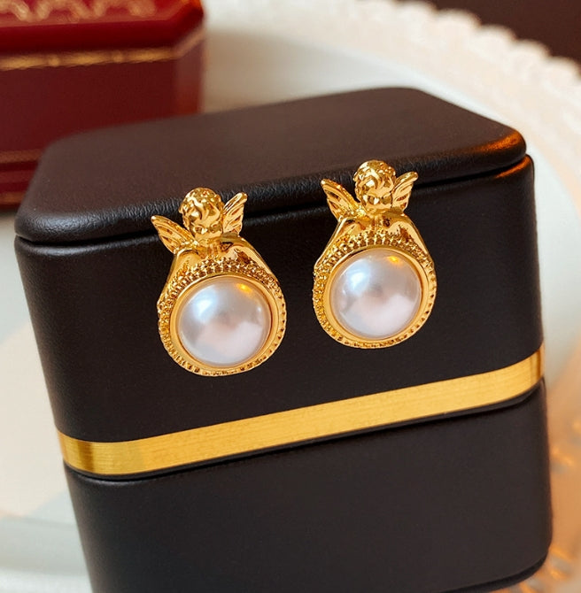 Fashion Earrings Stud Drop Dangle Earrings Ear Studs Golden Angel Elegant Temperament Geometric Round High Gloss Faux Pearl Women Earrings Jewelry Accessories